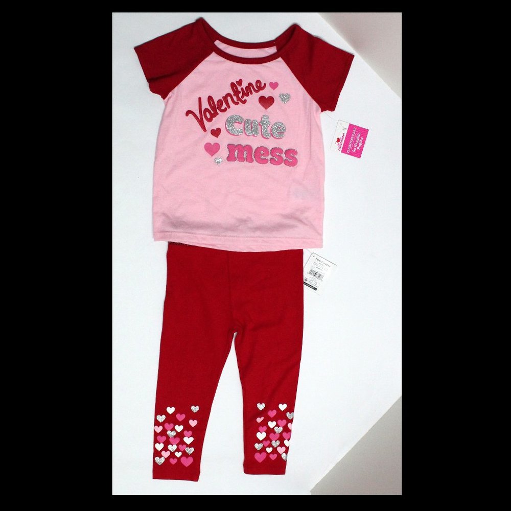 Girl's Valentine Cute Mess 2 Piece Size 2T Short Sleeve Top & Pull On Pants